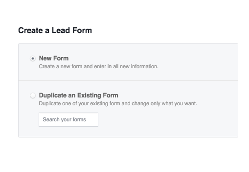 Facebook Lead Ads create new form