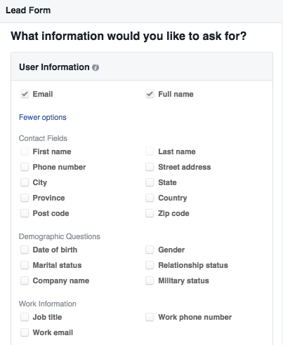 Facebook Lead Ads lead form
