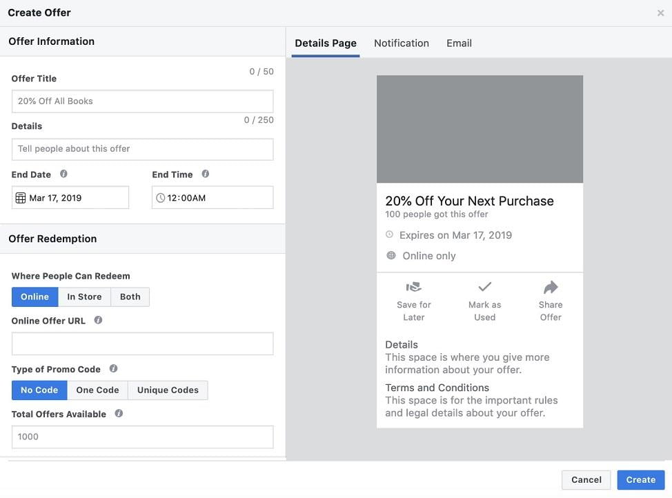 Create Offer step in Facebook Offer Ads setup