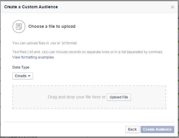 Facebook remarketing screenshot showing how to upload a list
