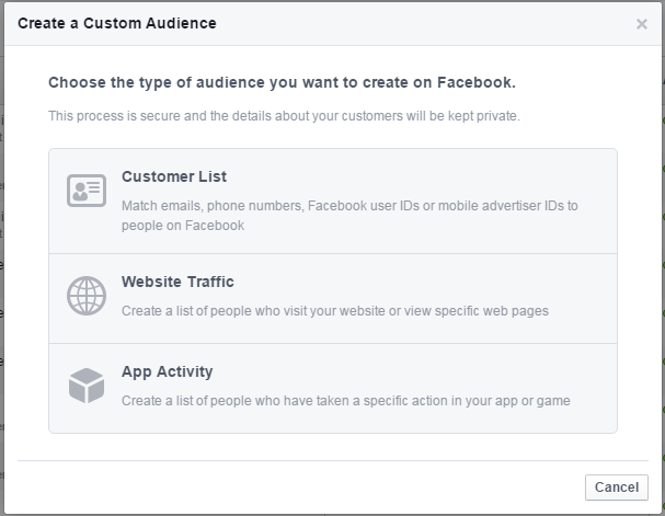 Facebook remarketing screenshot of creating a custom audience