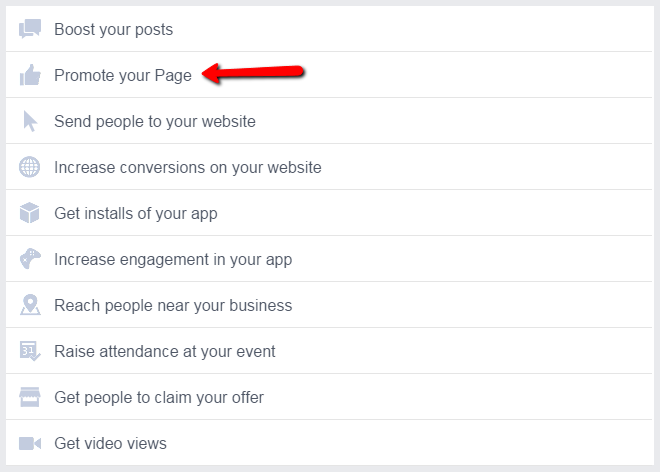 Facebook remarketing screenshot of promote your page