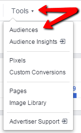 Facebook remarketing screenshot of the tools dropdown