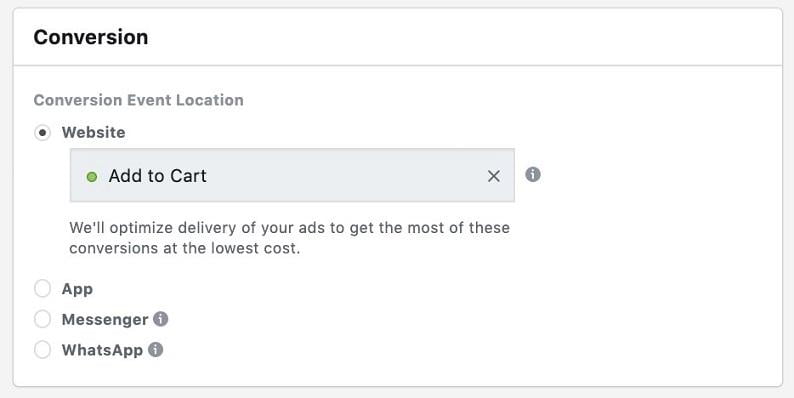 Facebook sales funnel "add to cart" campaign
