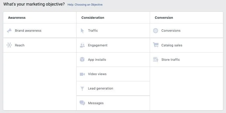 Facebook video marketing campaign objective options