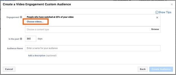 Facebook video marketing "choose videos" option