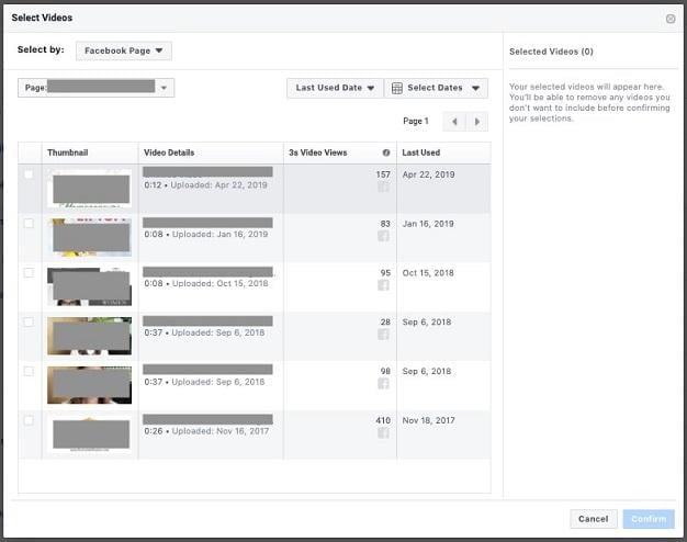 Facebook video marketing video selection screen