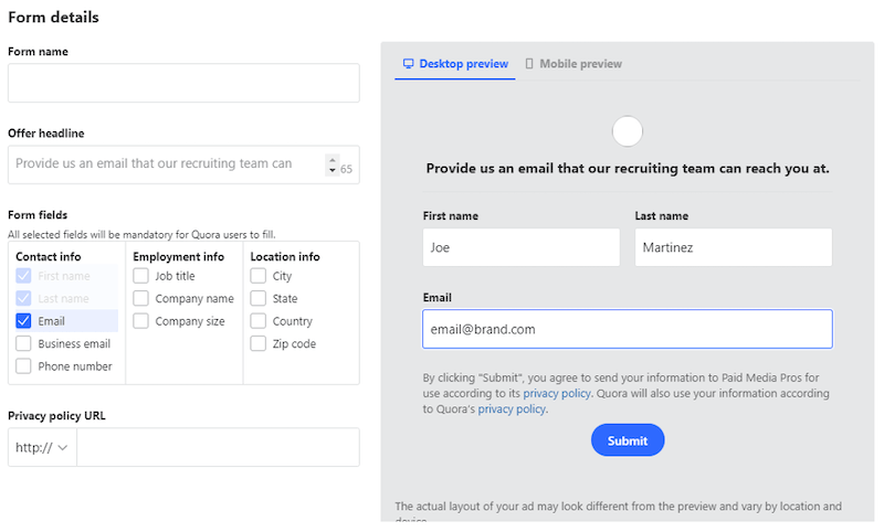 how to collect first-pary data in a cookieless world—screenshot of lead gen form setup