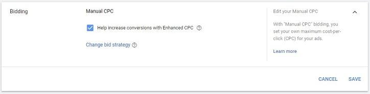 Google Ads account "Manual bidding" option
