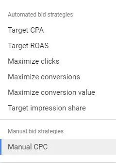 "Manual CPC" in list of bidding strategies