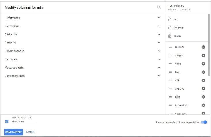 Google Ads account "Modify Columns" option