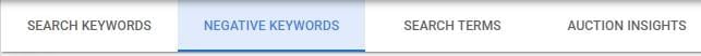 negative keyword selected in Google Ads account