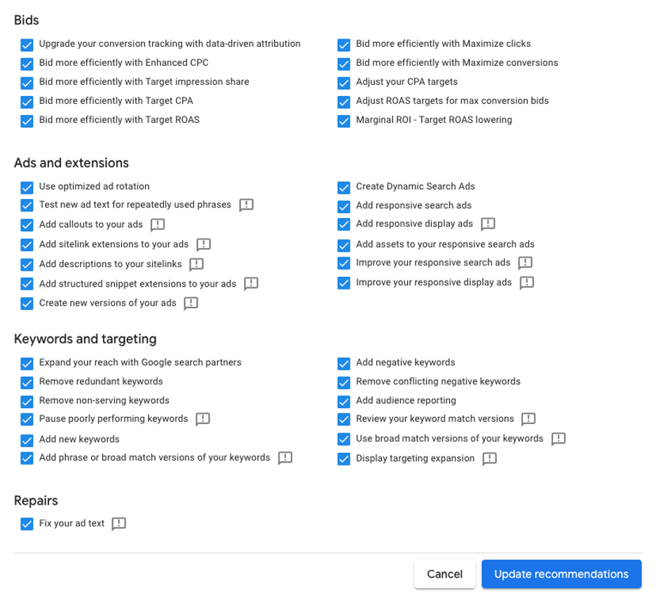 paid media strategy - google auto applied recommendations list