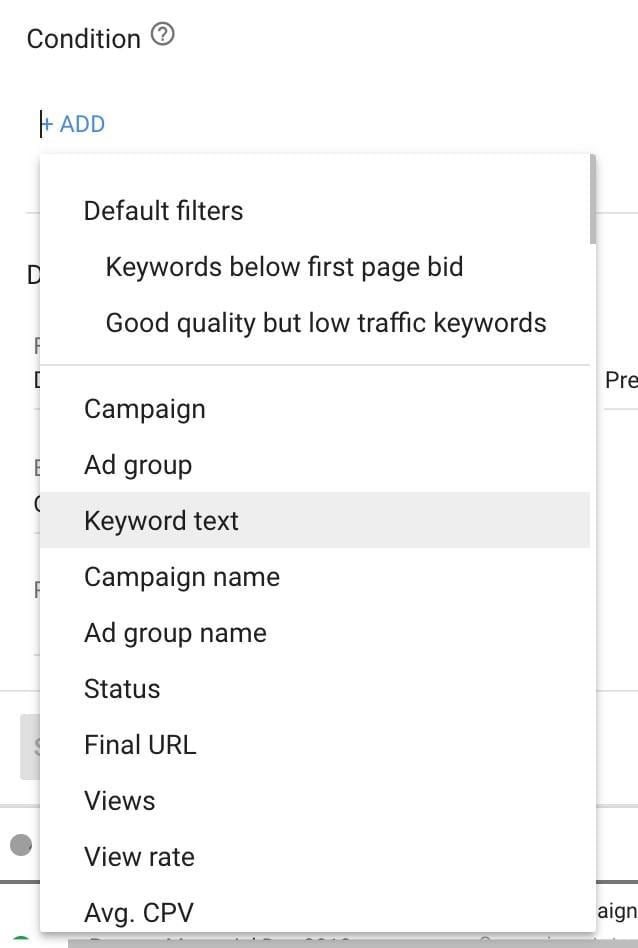 Google Ads automated rules conditions