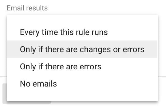 Google Ads automated rules email options