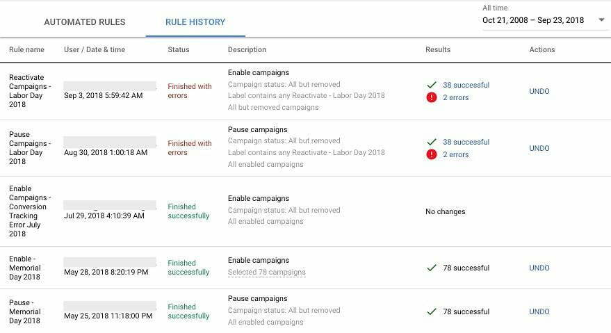 Google Ads automated rules history