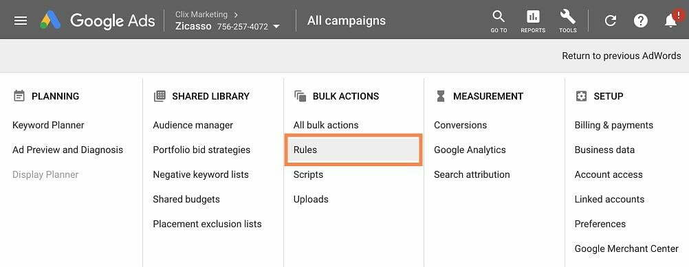 Google Ads automated rules reports navigation