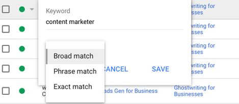 the three different keyword match types in google ads: exact, phrase, broad