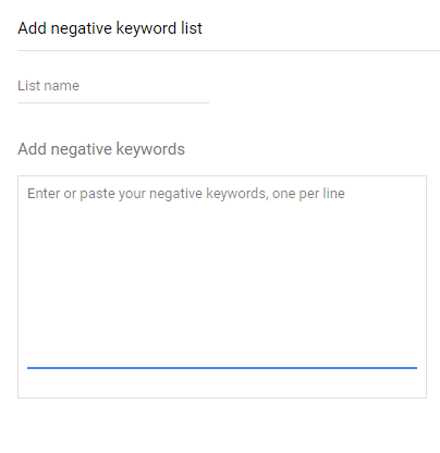 google ads negative keyword list tab