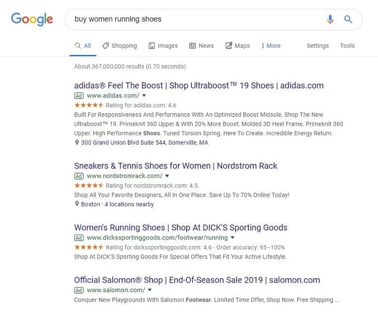 Google SERP for "women's running shoes"