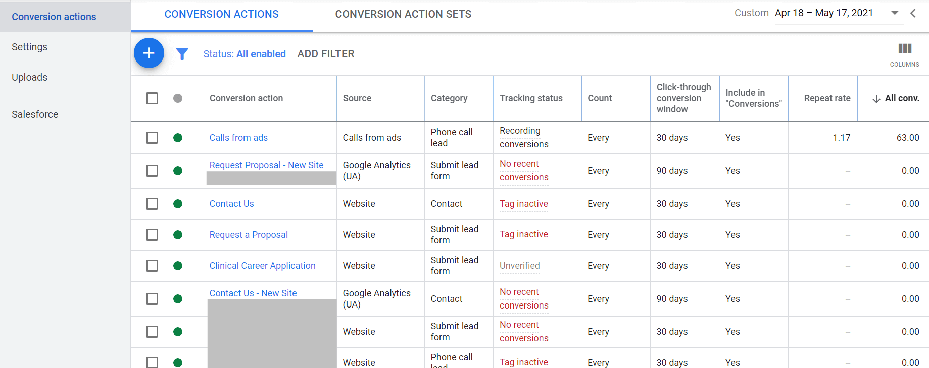 google ads conversion tracking conversion actions window