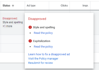 screenshot of google ads capitalization disapproval