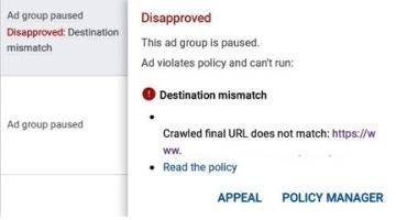 screenshot of google ads destination mismatch disapproval