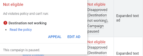 screen shot of "destination not working" google ad disapproval