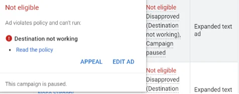 screen shot of "destination not working" google ad disapproval