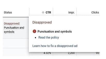 screenshot of google ads punctuation and symbols disapproval