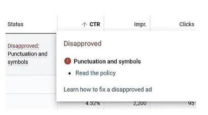 screenshot of google ads punctuation and symbols disapproval