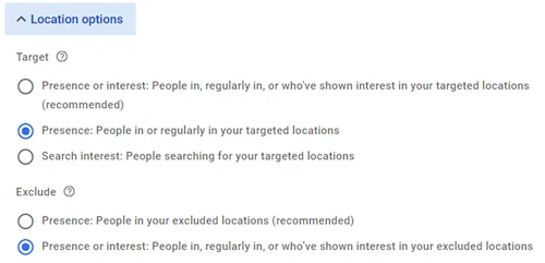 google ads geotargeting setup—three choices in location options