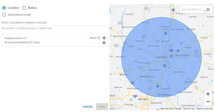 google ads geotargeting setup-targeted area map