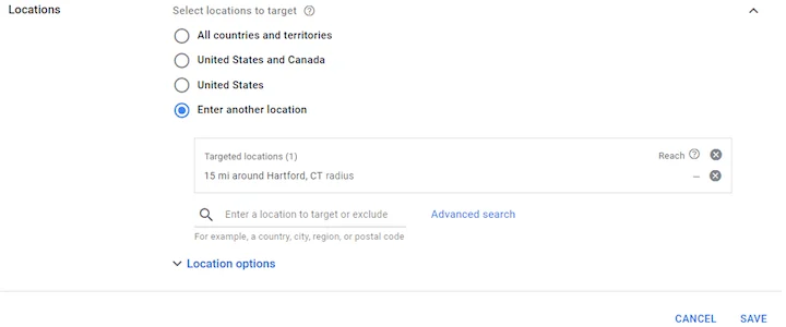google ads geotargeting setup—locations section