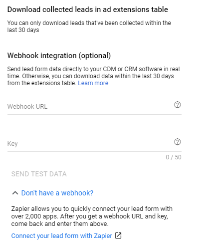 google ads lead form extension delivery option zapier