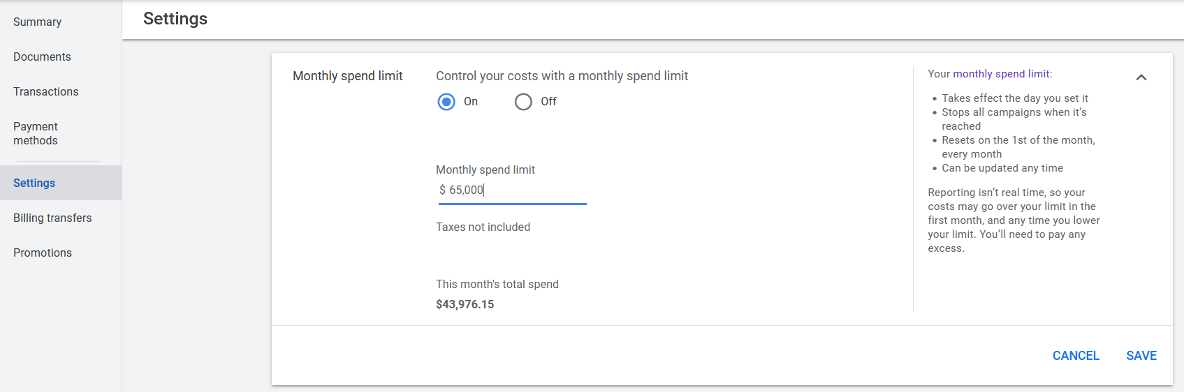 setup tab for google ads monthly spend limit