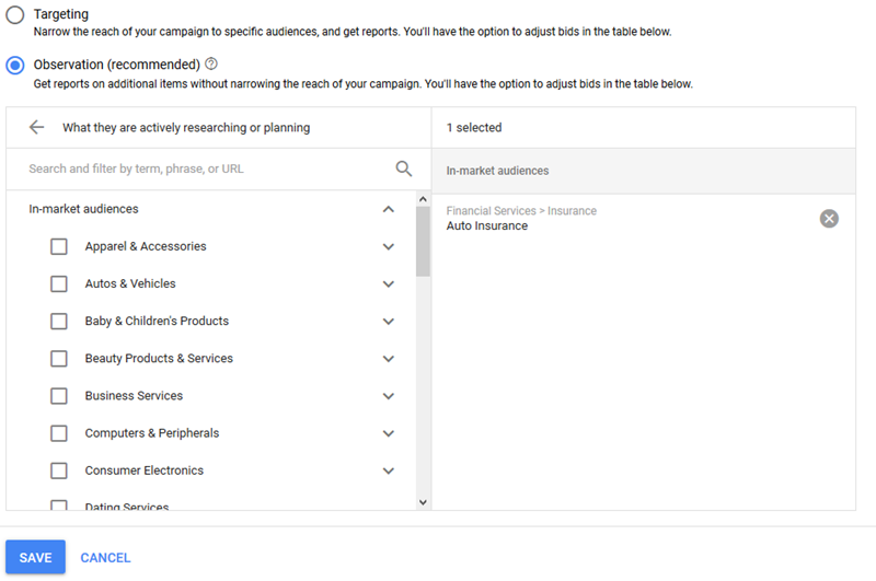 google adwords in market audiences for search