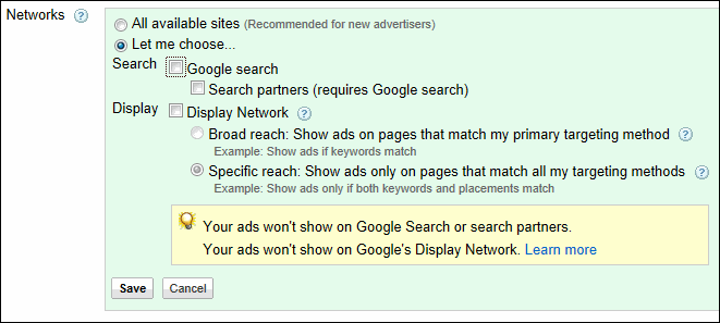 AdWords networks settings
