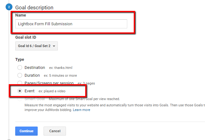 goal description in google analytics for conversion action