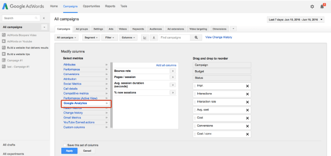 viewing analytics data in adwords