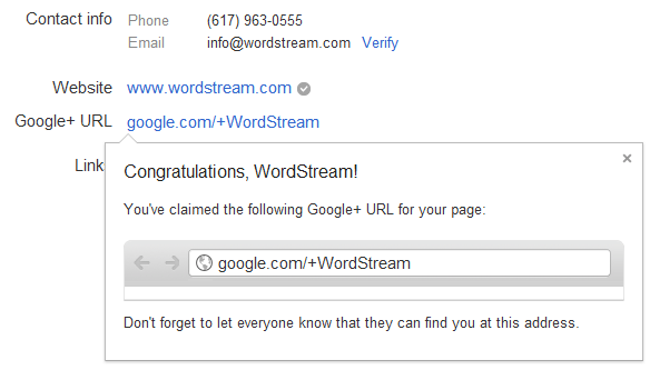 Congratulations claiming Google+ URL