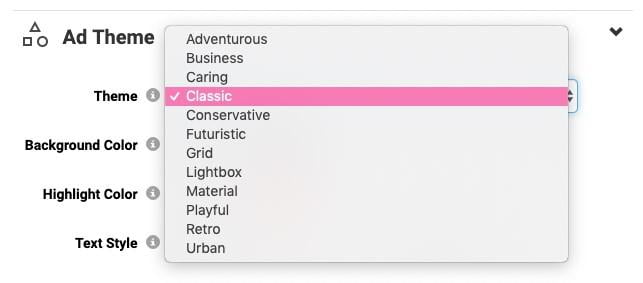 ad theme options in the Smart Ads Creator