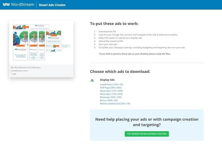 WordStream's Smart Ads Creator end page