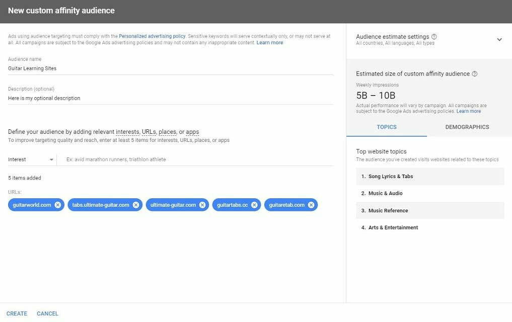 Google Display network placements affinity audience 