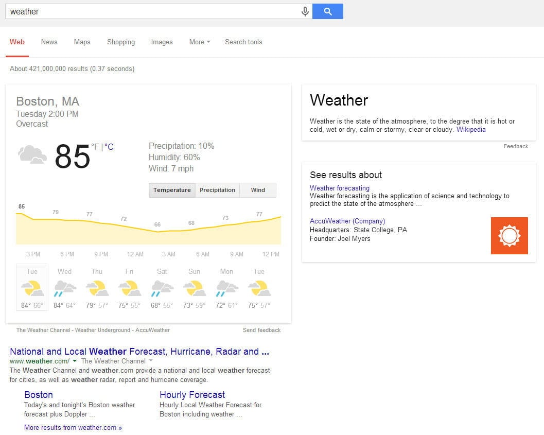 Google Hummingbird Weather Search Engine Results Page