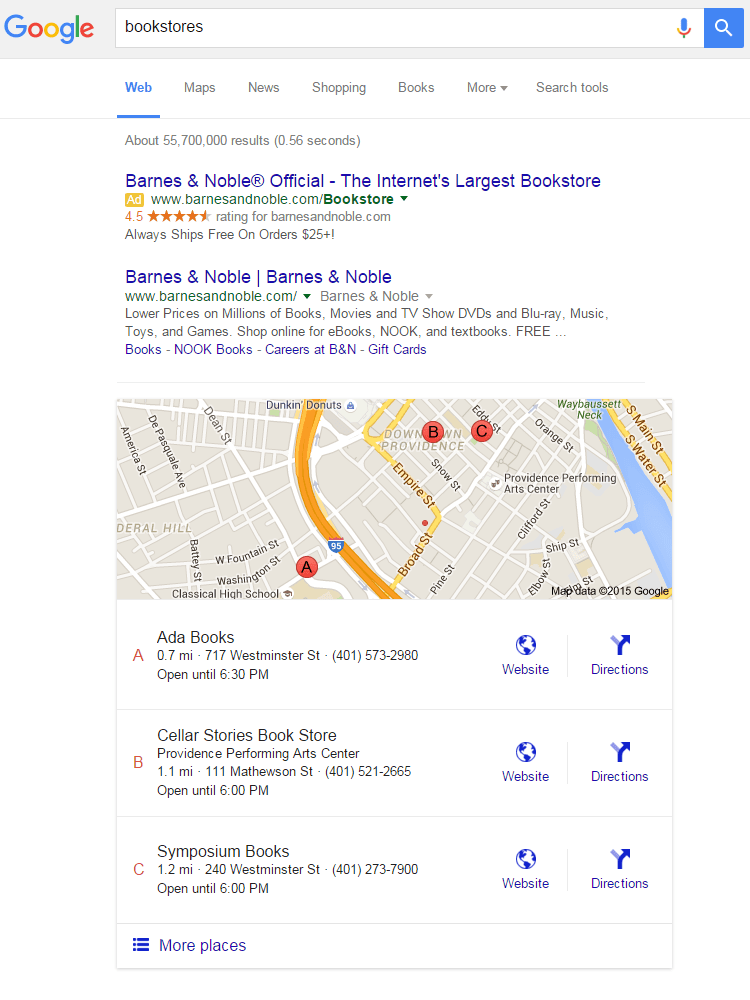 Google Maps marketing bookstores example