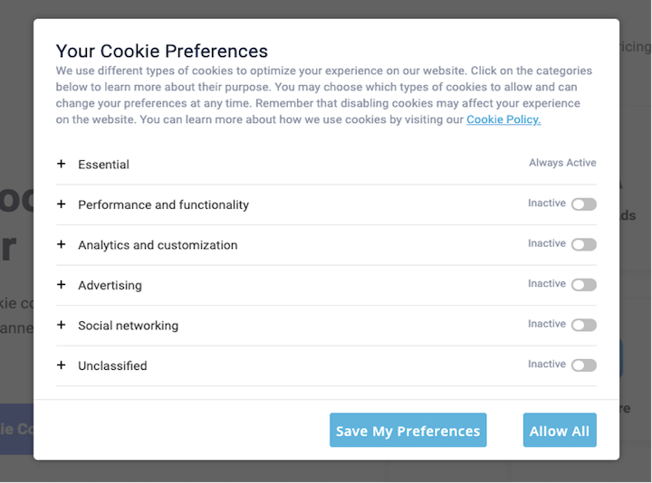 cookie consent popup on a website