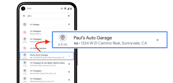 google maps auto suggest ad example