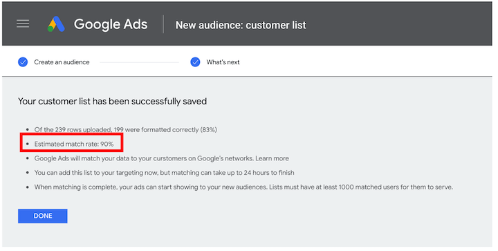 google customer match instant match rate feature