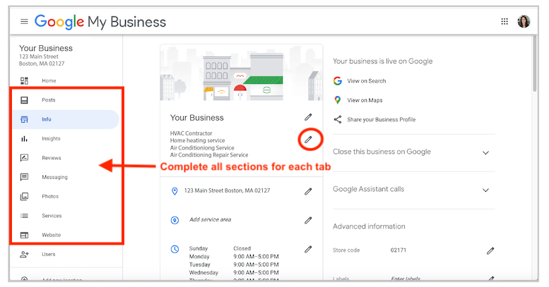 todas as seções no painel da conta do google my business para otimização do google my business